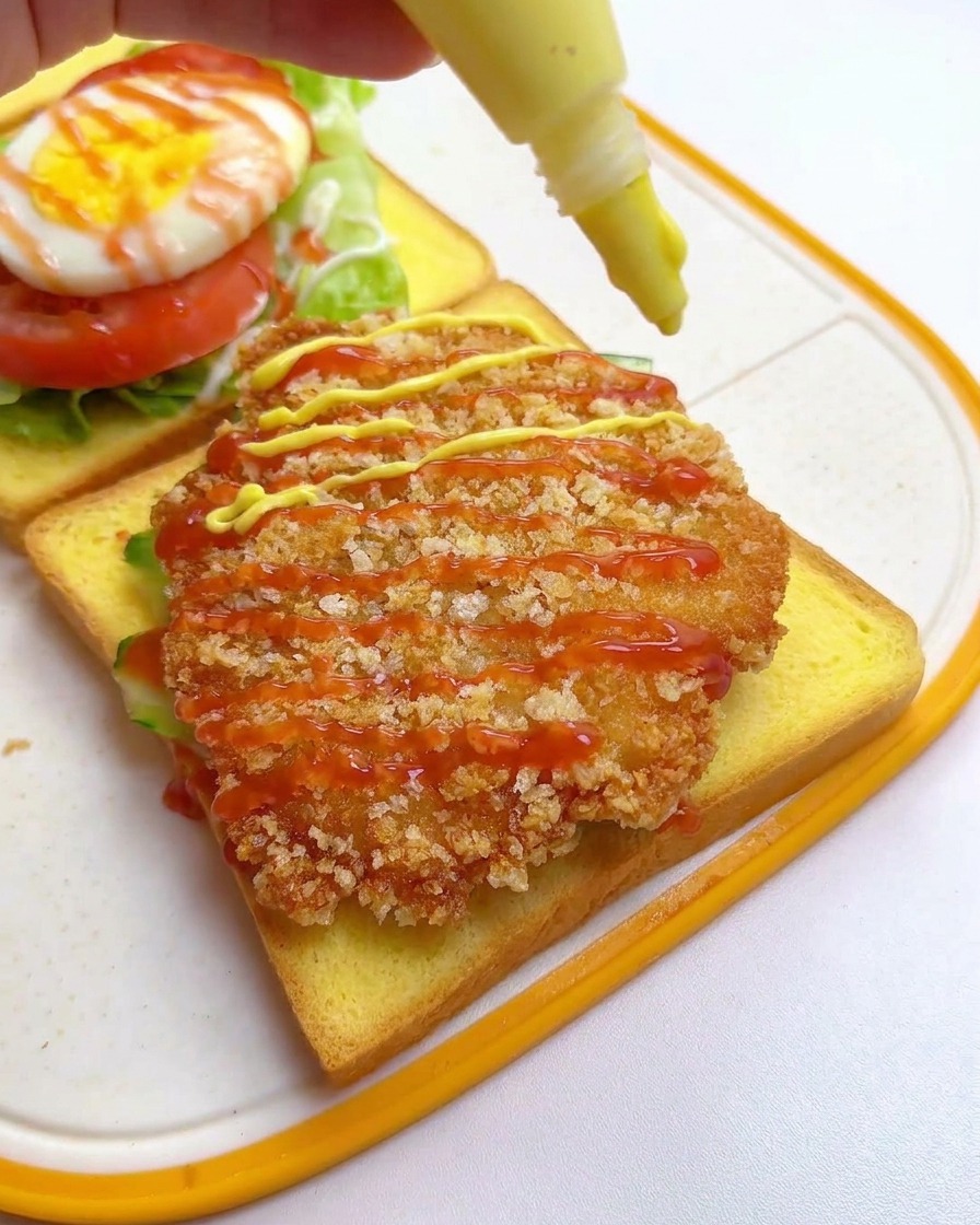 鶏カツの上にケチャップとハニーマスタードを格子状にかけている様子。
