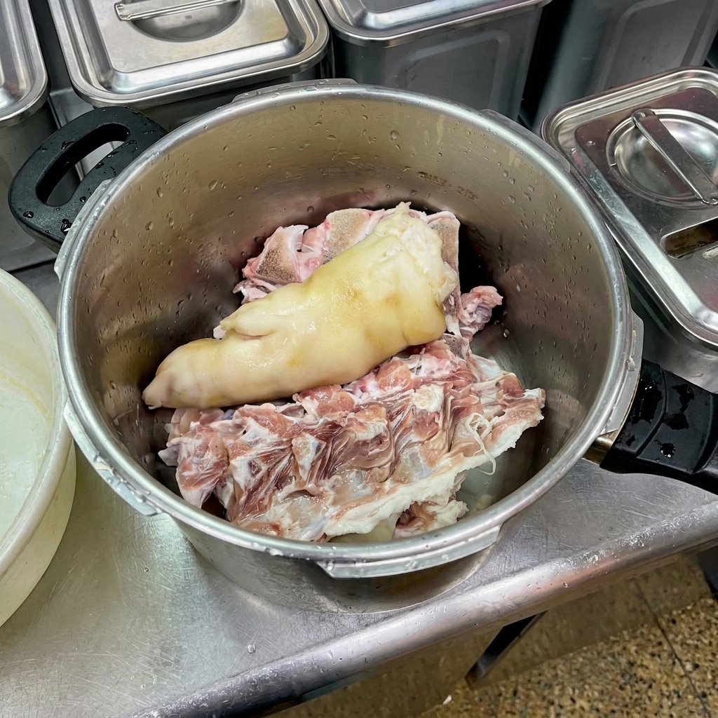 大きな金属製の鍋に、生の豚骨、豚足、鶏もみじが敷き詰められている様子。