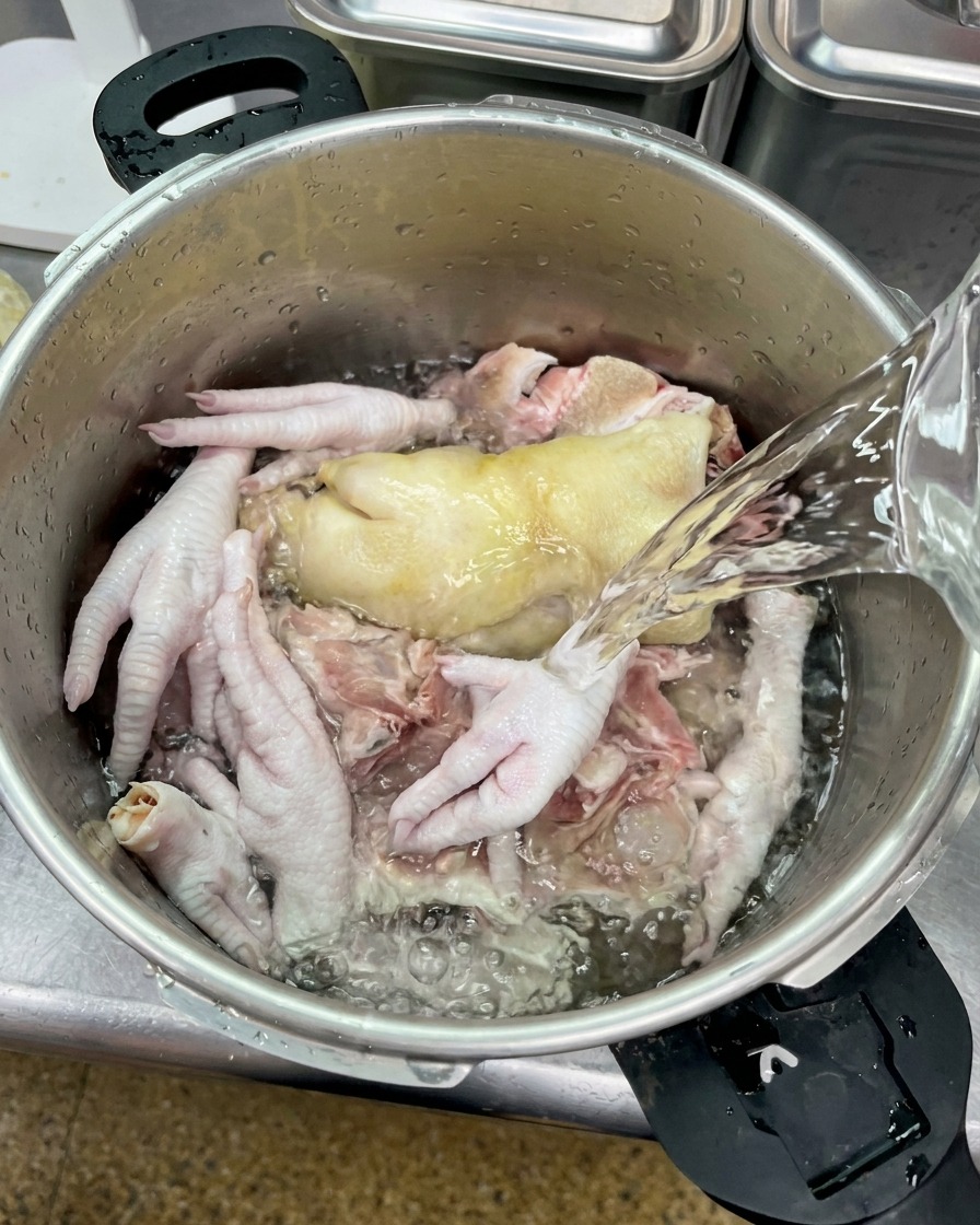 鍋の中の生の豚骨、豚足、鶏もみじに冷たい水が注がれている様子。