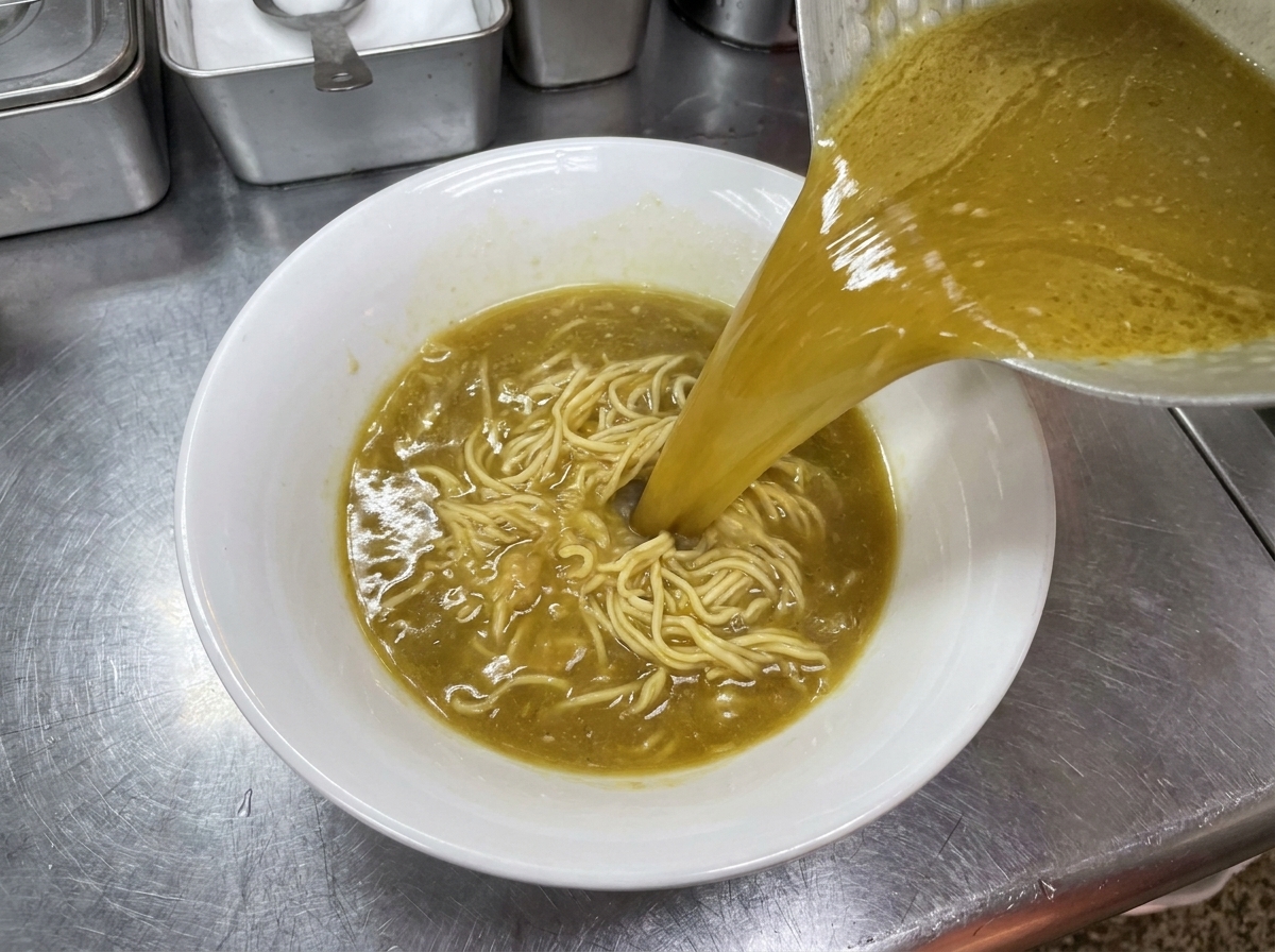 丼のスープの中に茹でたての麺を入れ、盛り付けを整えている様子。