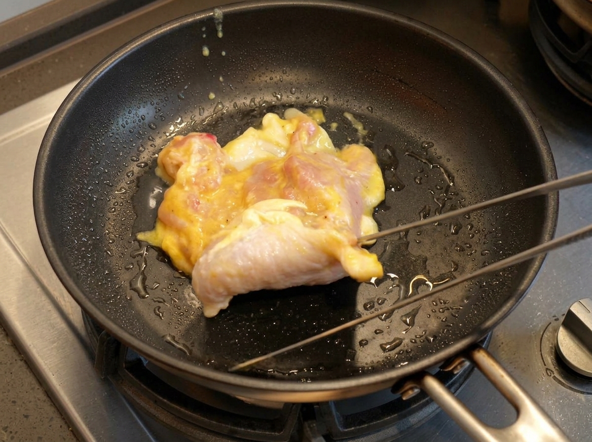 フライパンで鶏肉を皮目から焼いている様子