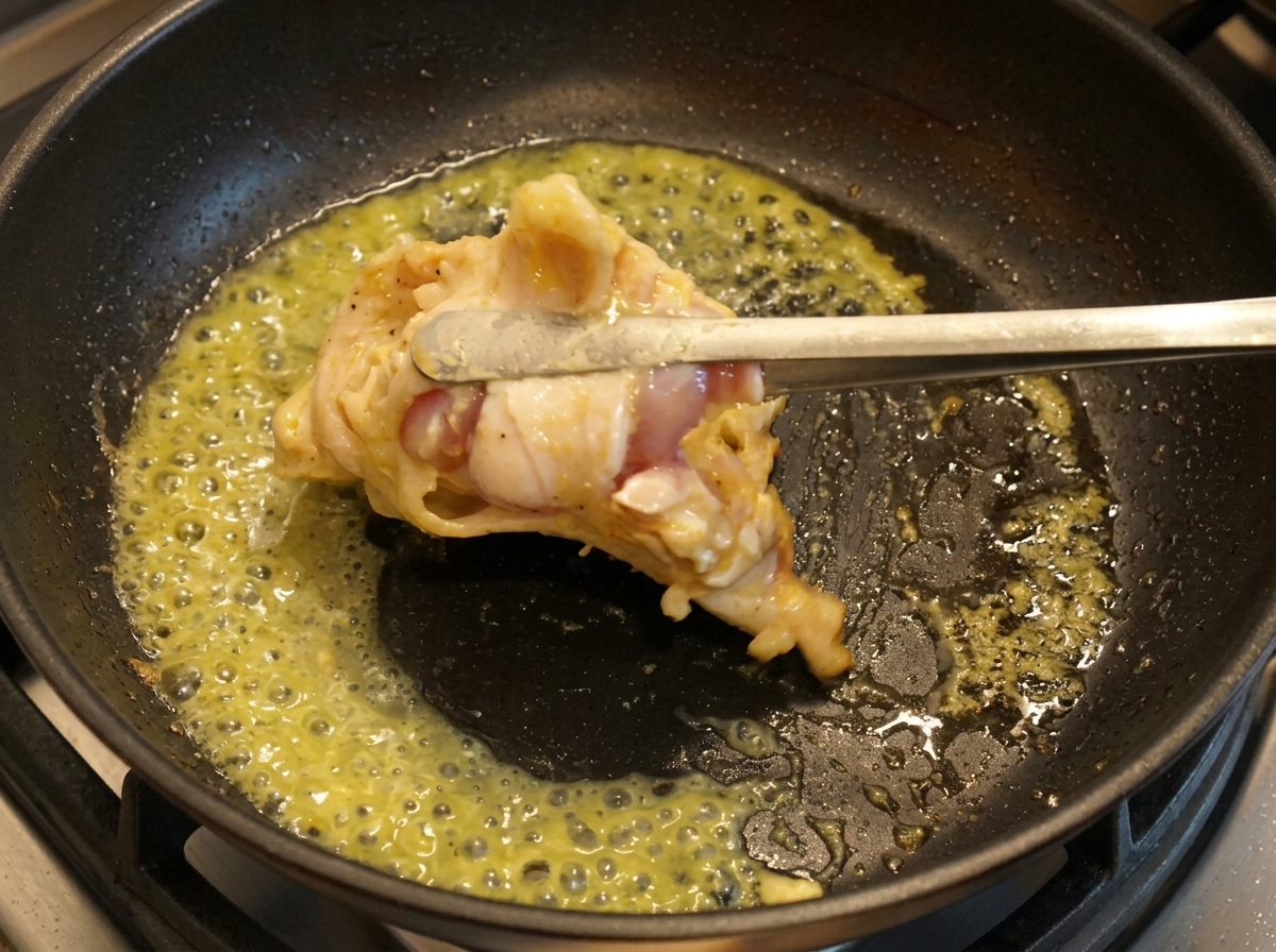 トングで鶏肉を裏返している様子
