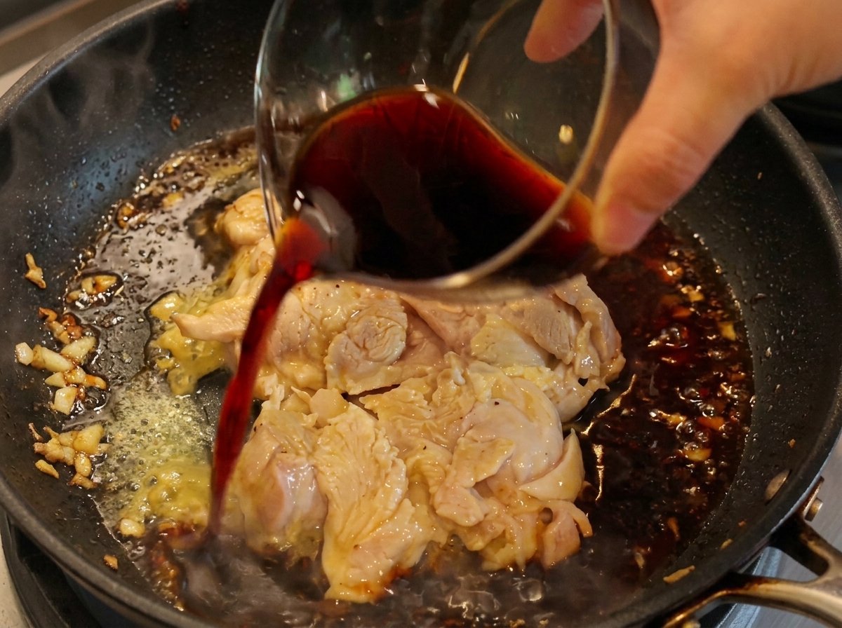 鶏肉を焼いているフライパンにソースを注いでいる様子