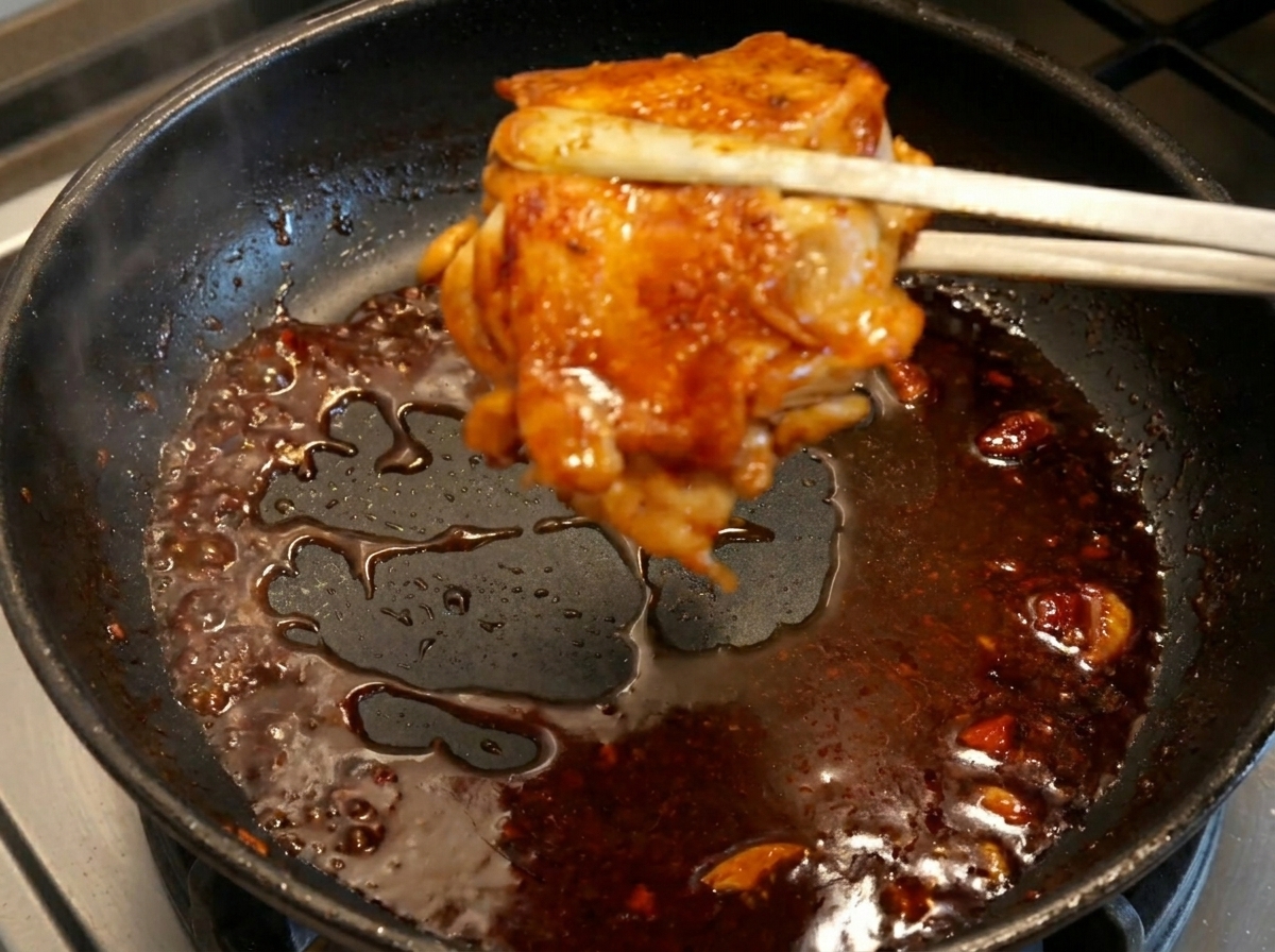 照りついた鶏肉をトングで取り出している様子