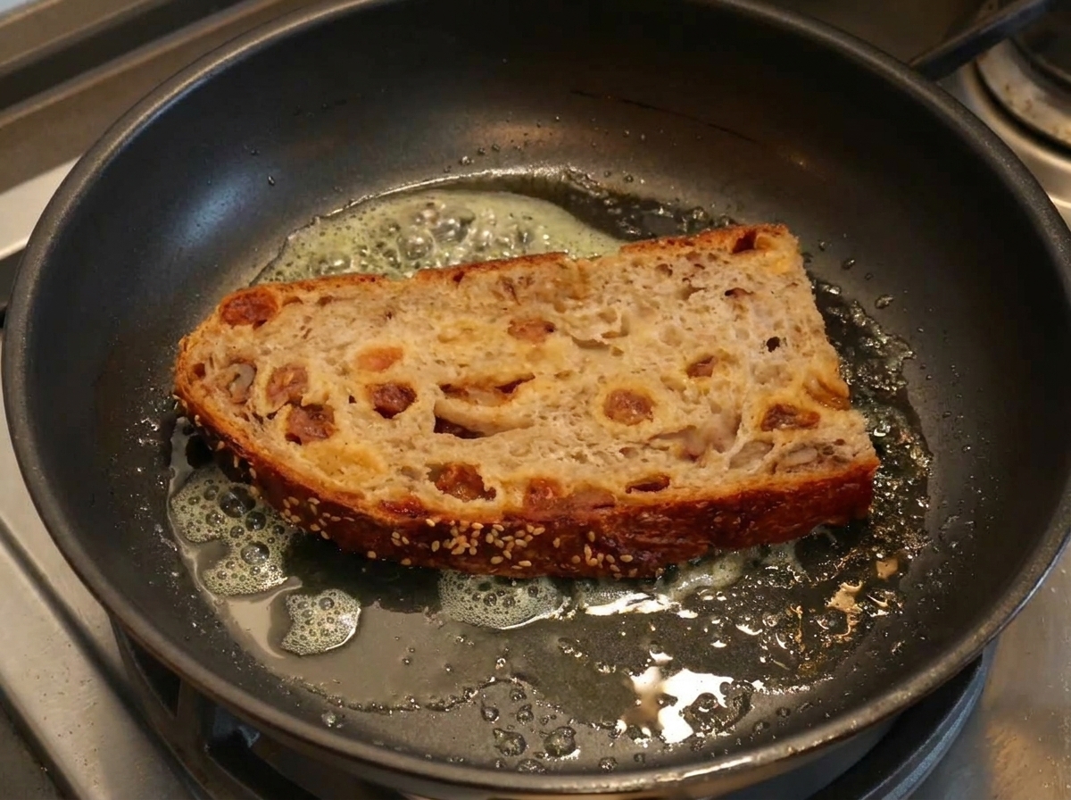 バターを溶かしたフライパンでパンを焼いている様子