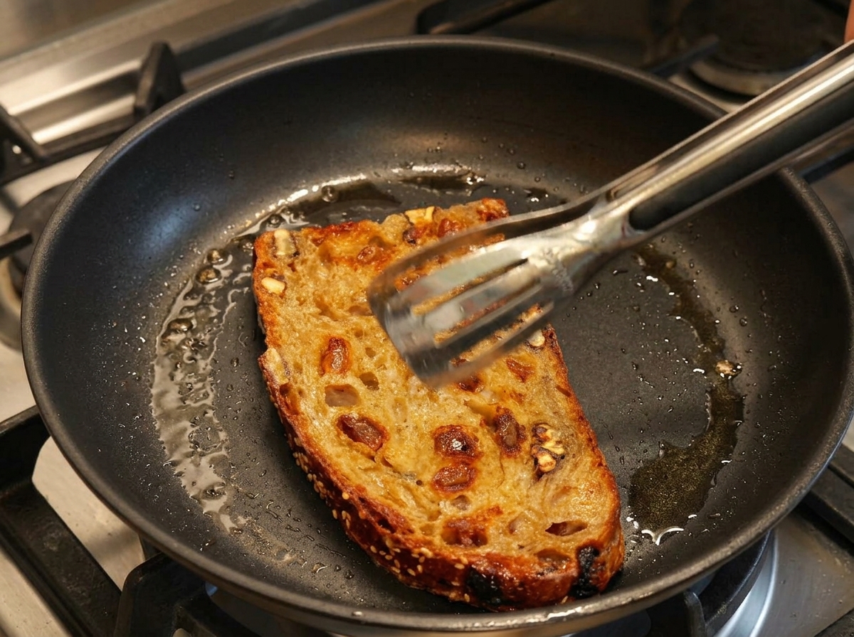 こんがり焼けたパンの裏側を確認している様子