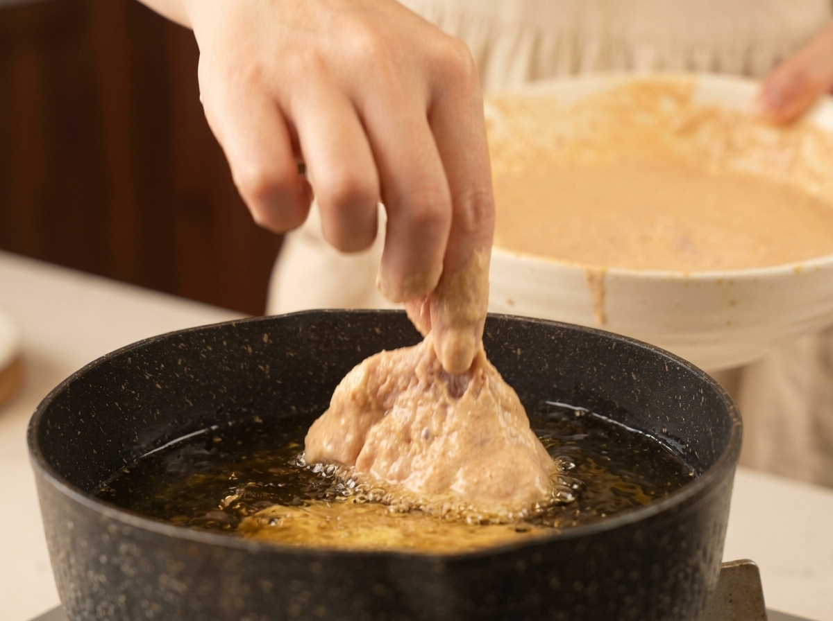 泡立つ熱い油に、厚い衣を纏った鶏肉をそっと入れている様子