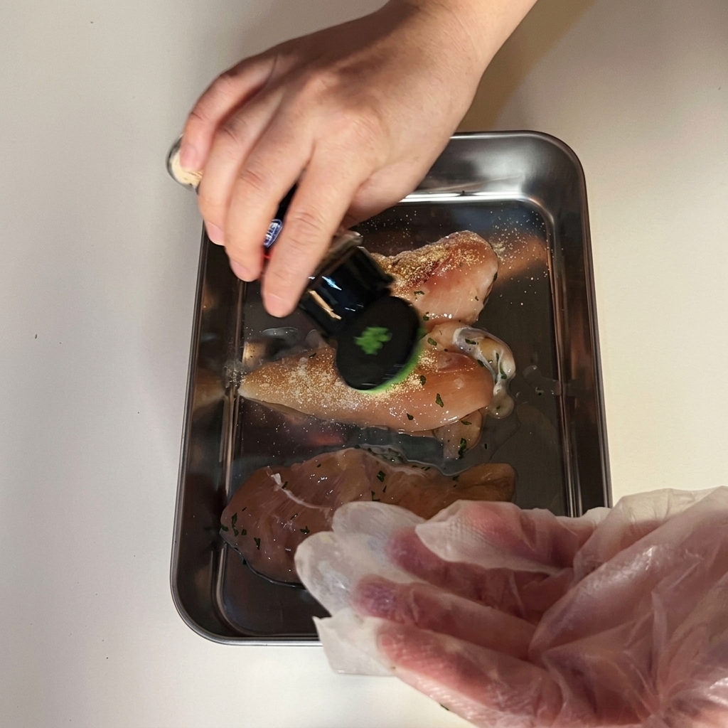 トレイに並べられた生の鶏むね肉に、ガーリックパウダーを振りかけている様子。