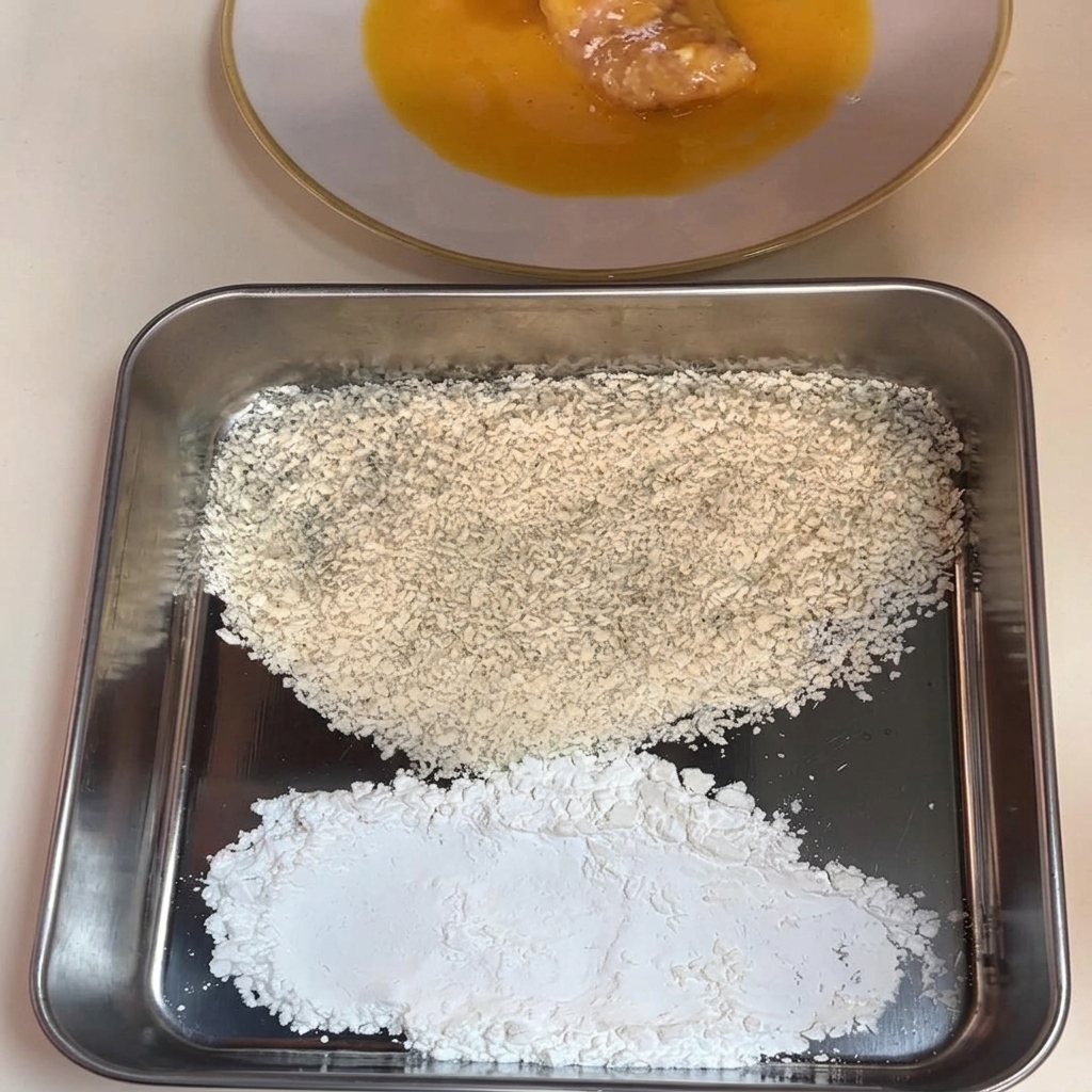 粉をつけた鶏肉を、白い皿の溶き卵の中に浸している様子。