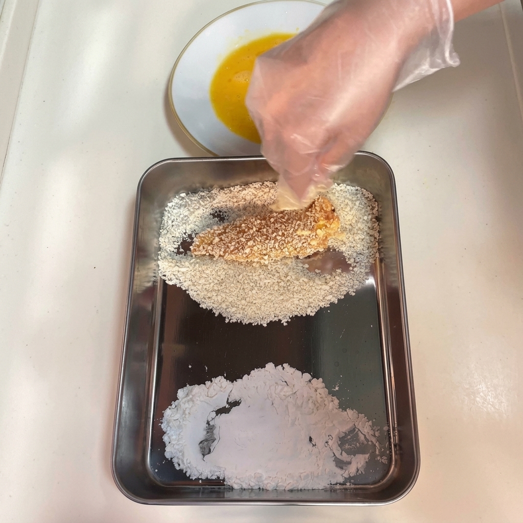 卵液をつけた鶏肉をパン粉のトレイに置き、手で上からしっかりと押さえている様子。