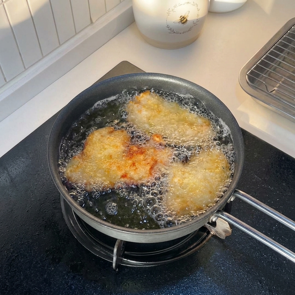 油の中で揚げられている鶏肉。縁が黄金色に色づき始めている様子。