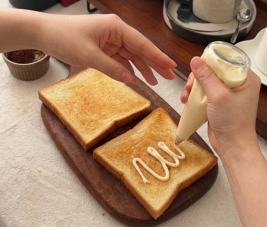 トーストした食パンに、マヨネーズをジグザグに絞り出している様子。