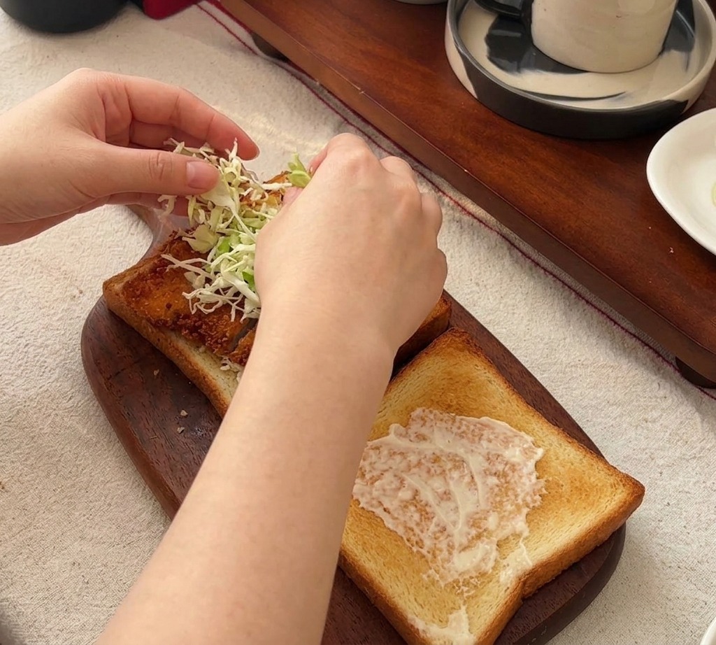 カツの上にたっぷりのレタスをのせ、もう1枚のパンを被せようとしている様子。