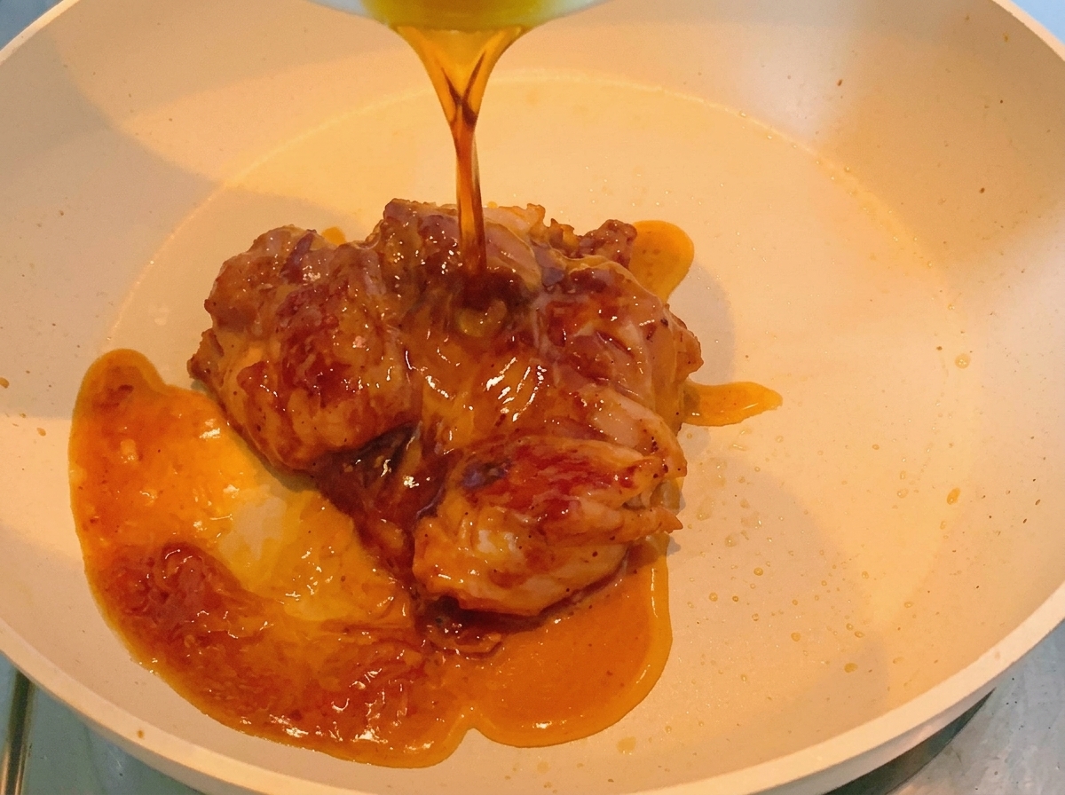 焼き上がった鶏もも肉が入った白いフライパンに、濃い色のタレを注いでいる様子。