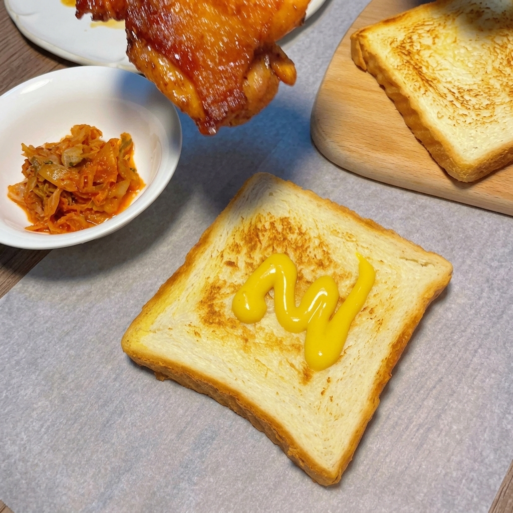 マスタードを塗ったトーストの上に、ツヤのあるタレが絡んだ鶏もも肉をのせている様子。