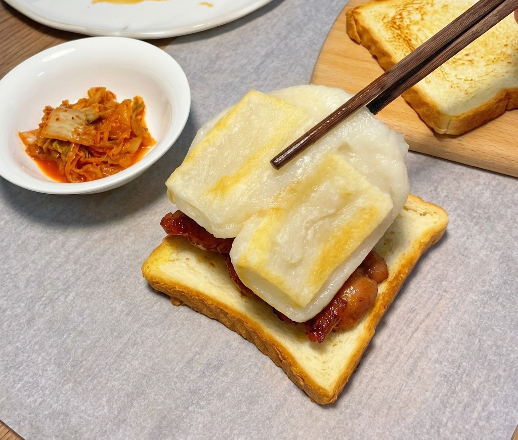 チキンののったパンの上に、菜箸で焼いたトックを丁寧に配置している様子。