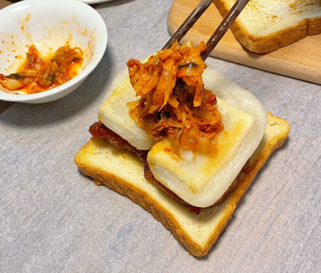 トックとチキンを重ねたパンの上に、菜箸で鮮やかな赤色の刻みキムチをのせている様子。