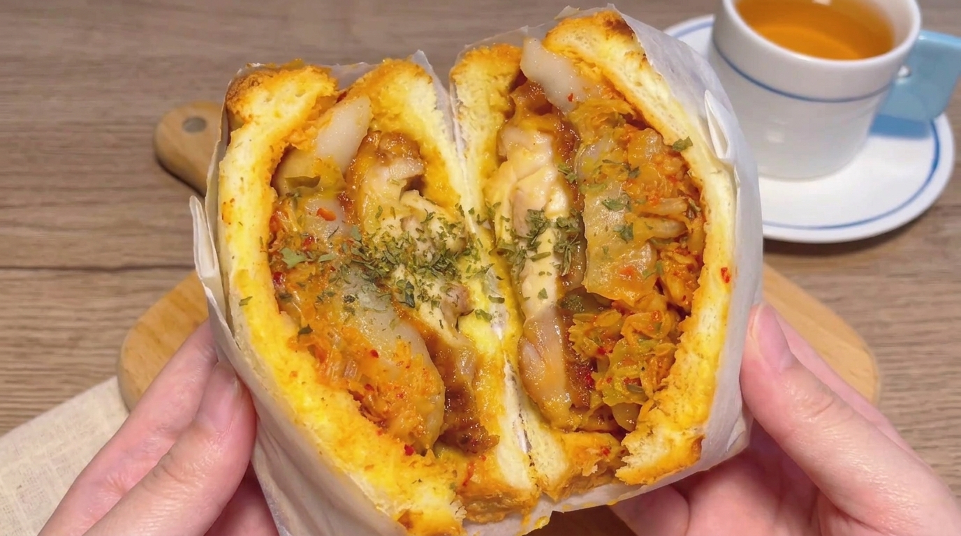 韓国風フライドチキンとトックの甘辛サンドイッチ