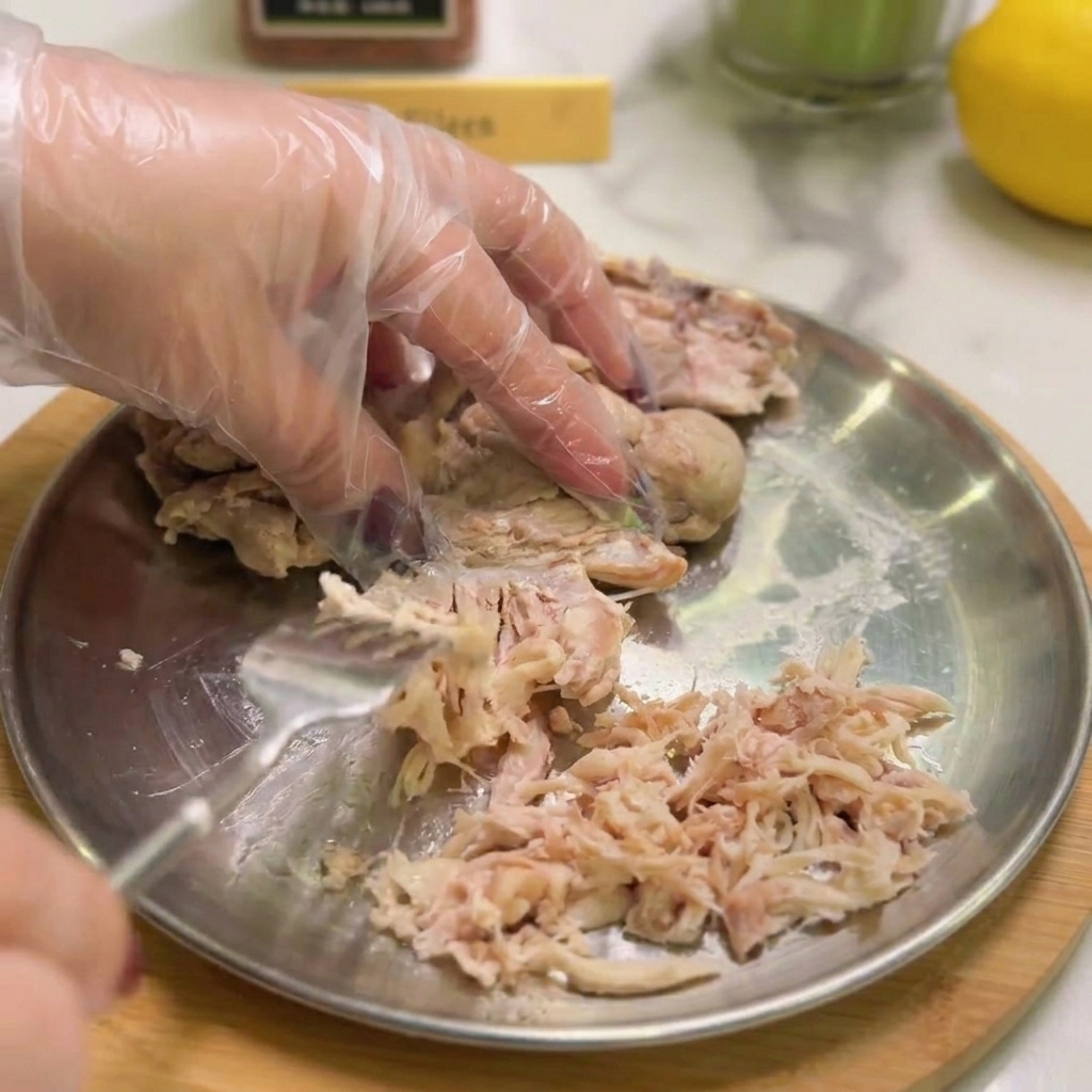 手袋をした手でフォークを使い、鶏肉を細かく裂いている様子。