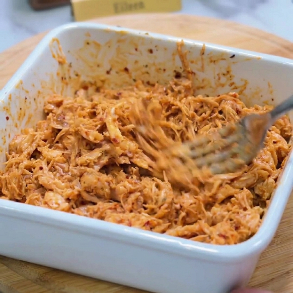 ほぐした鶏肉とスパイシーなソースをボウルで混ぜ合わせている様子。