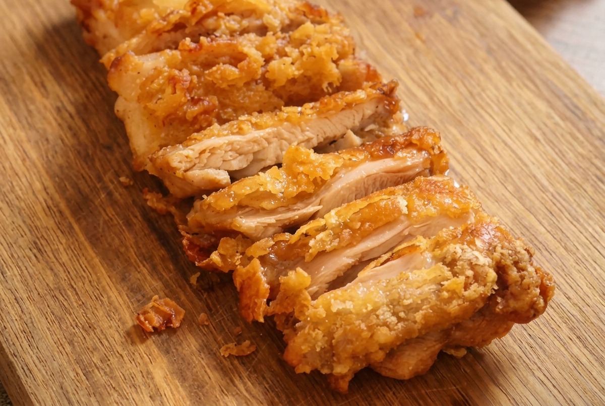 まな板の上でカリカリに揚げられたチキンを、食べやすいスティック状に切っている様子。