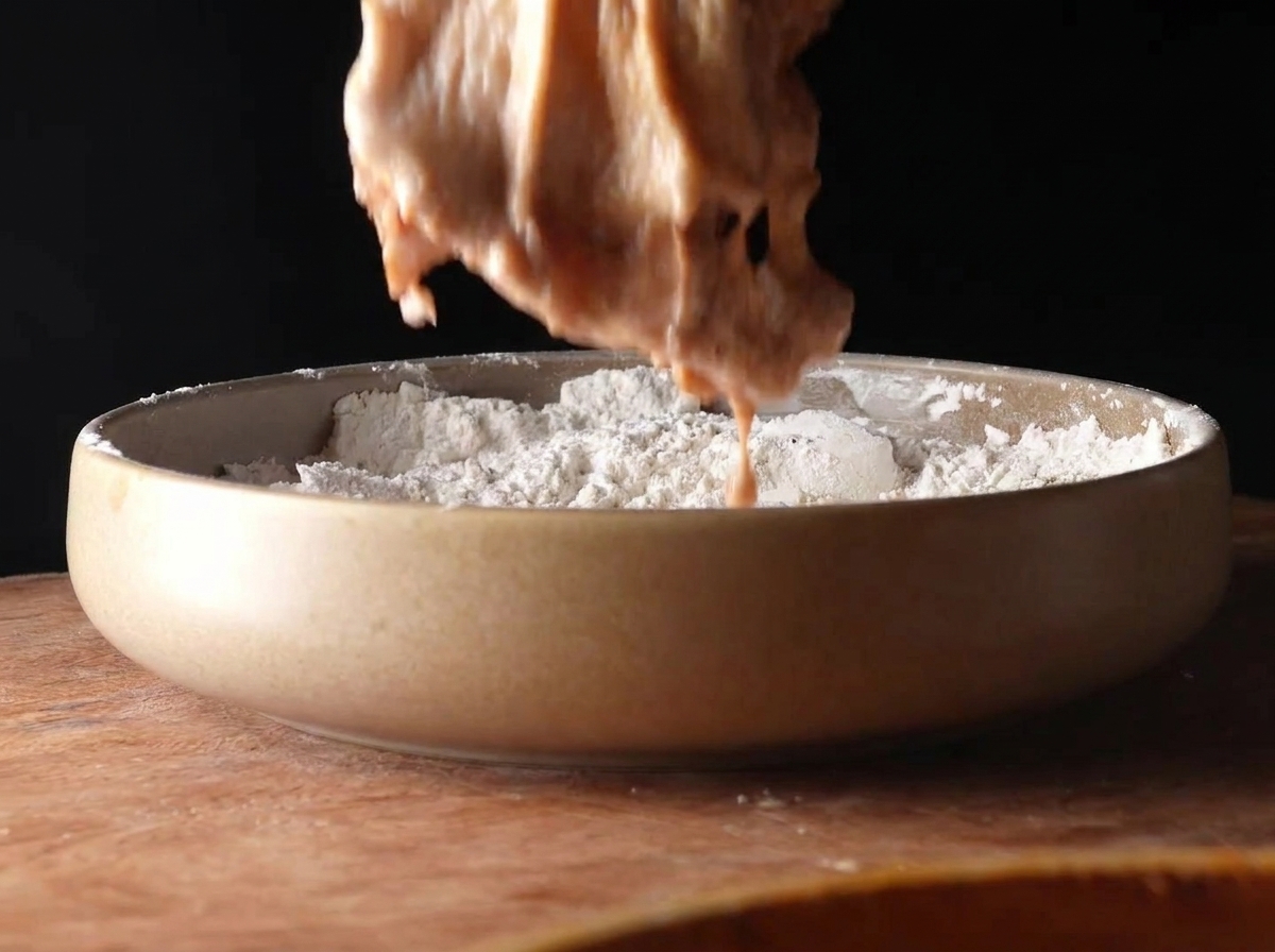マリネ液がたっぷりついた鶏肉を、スパイスを混ぜた粉の上でまぶそうとしている様子。