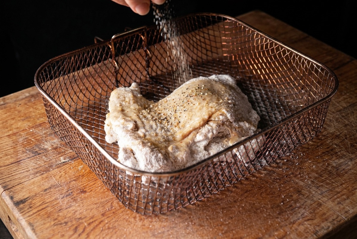 ノンフライヤーのバスケットに入れた衣つきの鶏肉に、オイルスプレーを均一にかける様子。