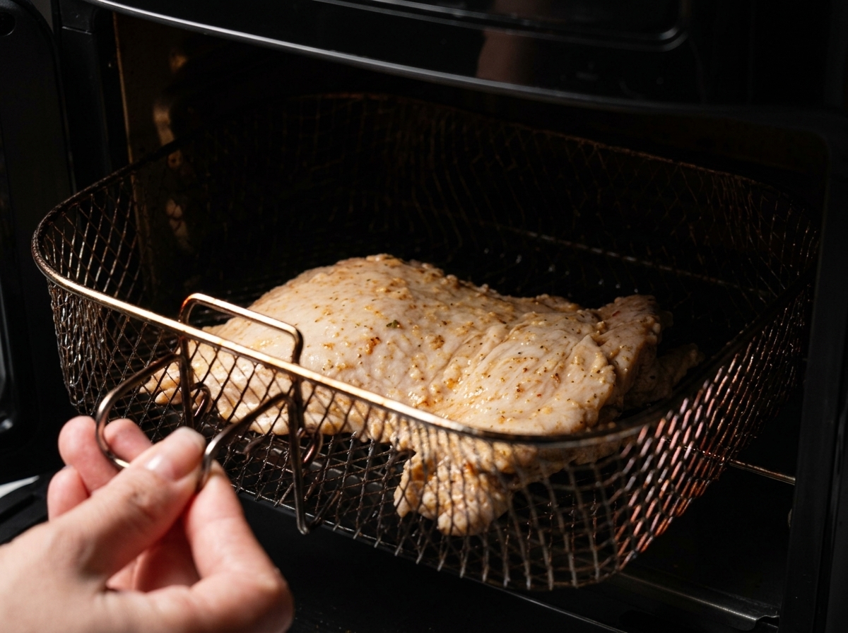 ノンフライヤーの中で黄金色に焼き上がったクリスピーな鶏もも肉。