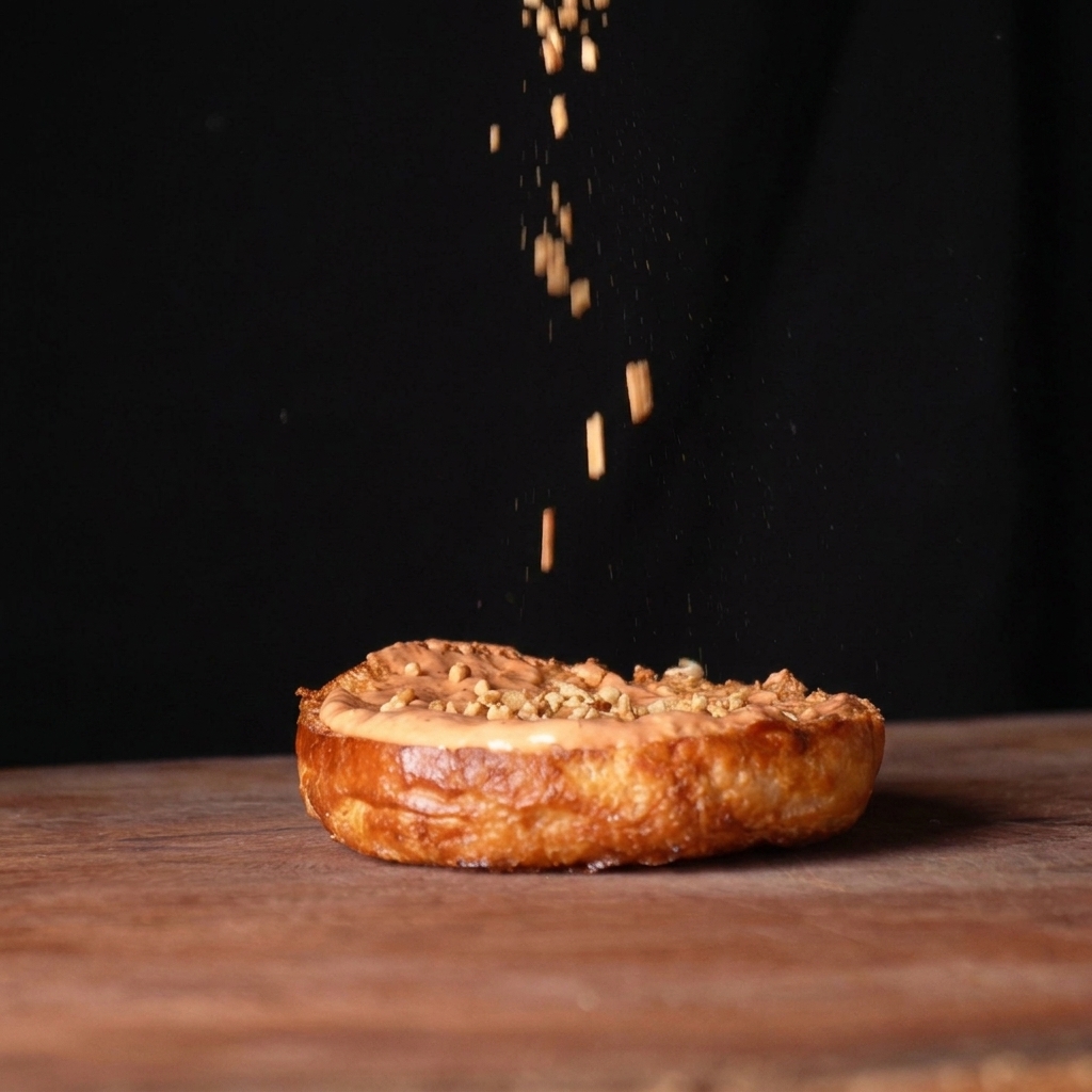 紫キャベツのコールスローとピクルスがのった、ボリュームのある完成したチキンバーガー。