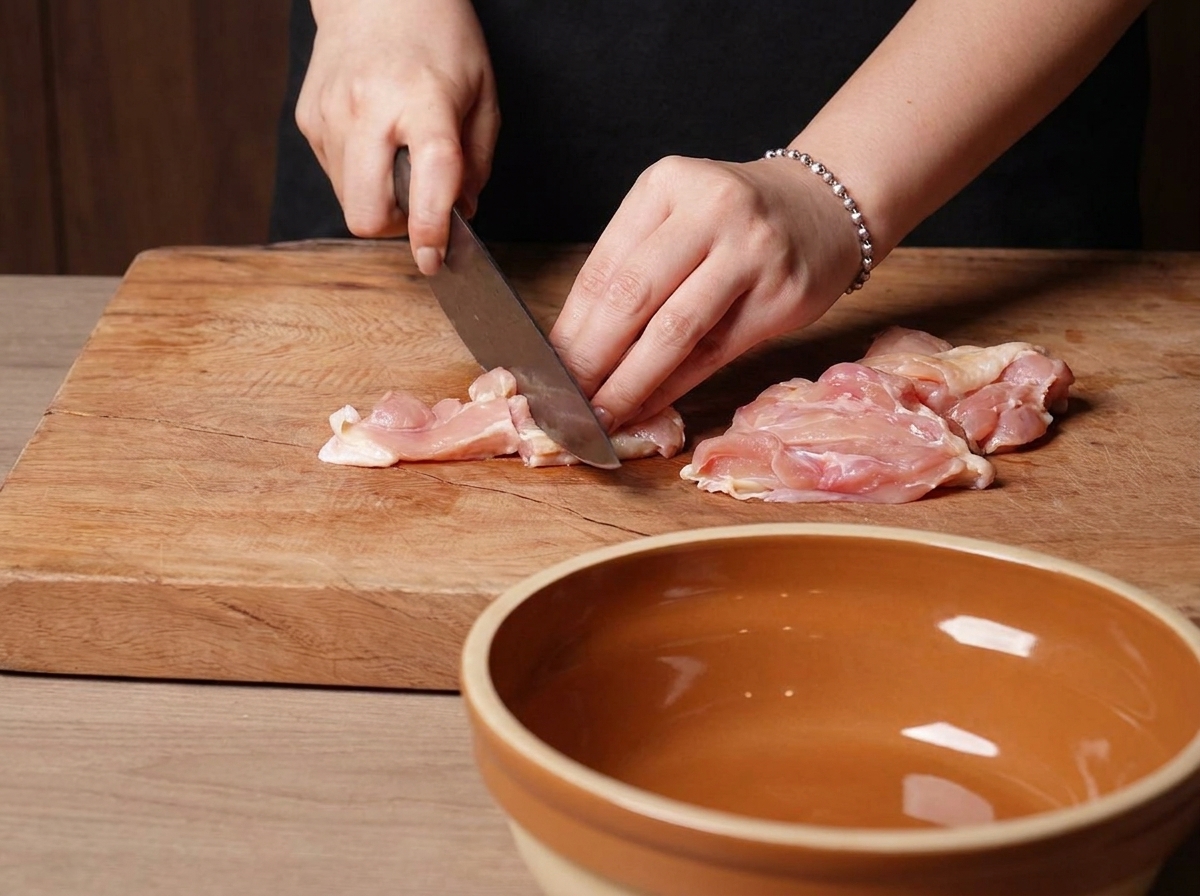 木製のまな板の上で、皮付きの鶏もも肉を一口大に切り分けている様子。