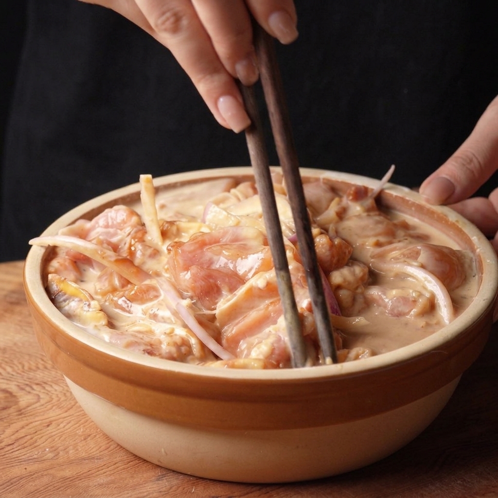 菜箸を使って鶏肉とマリネ液をしっかり混ぜ合わせているところ。