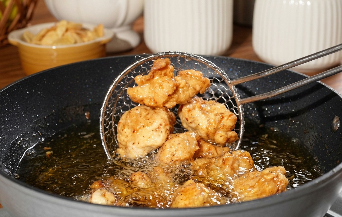 揚げ網(カス揚げ)でチキンを油から引き上げている様子。