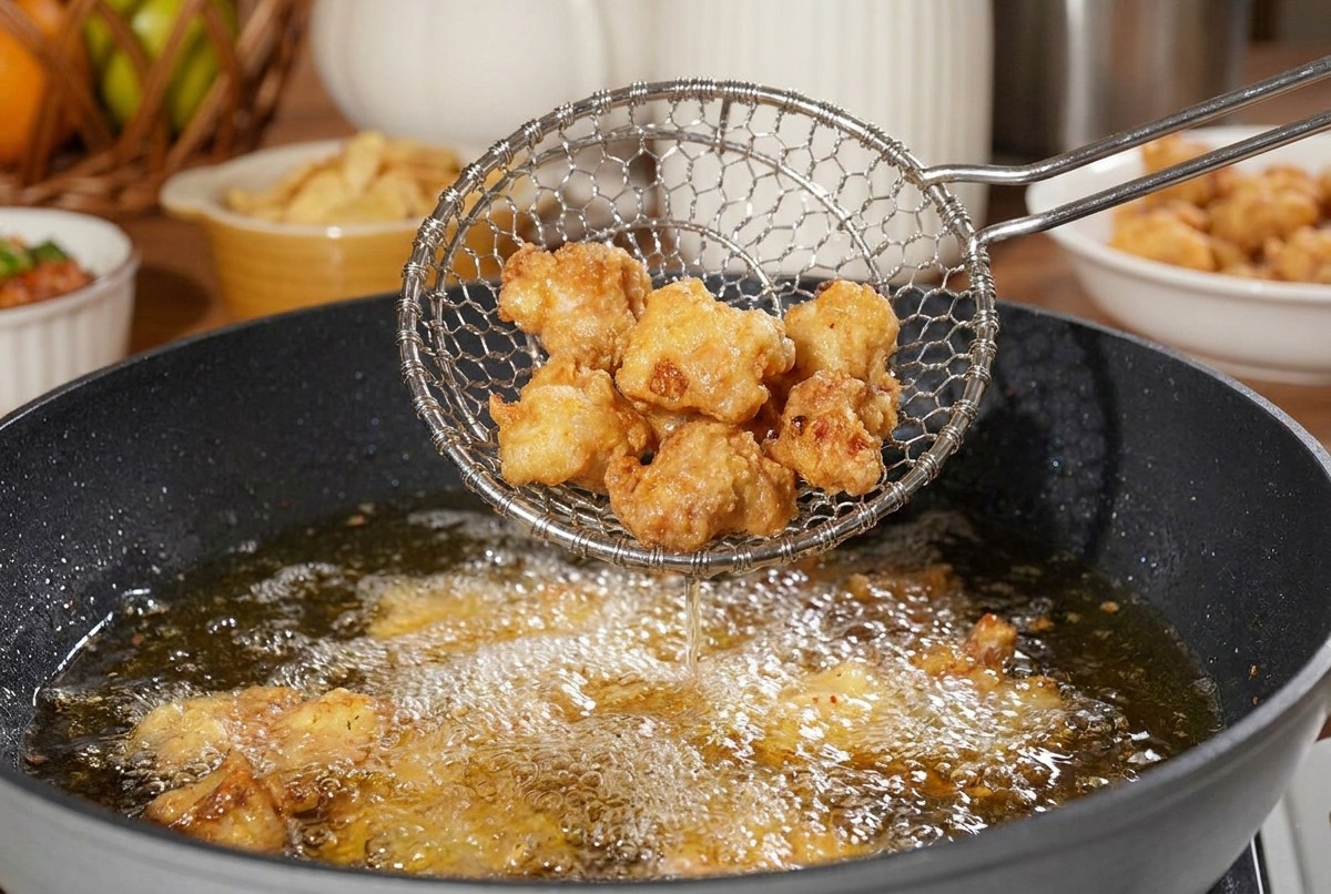 高温の油でチキンがこんがりとした黄金色に揚がっているシーン。
