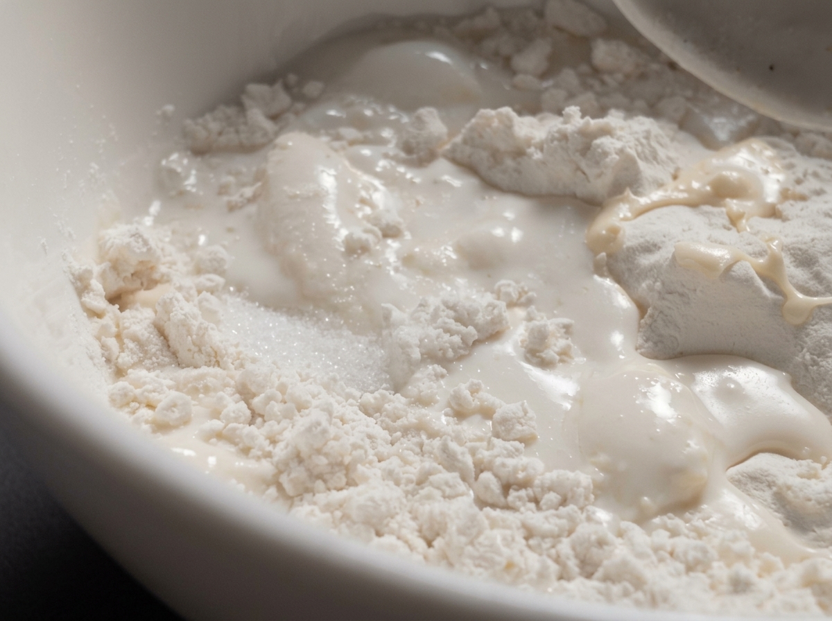 強力粉と牛乳の入ったボウルに油を回し入れる様子。