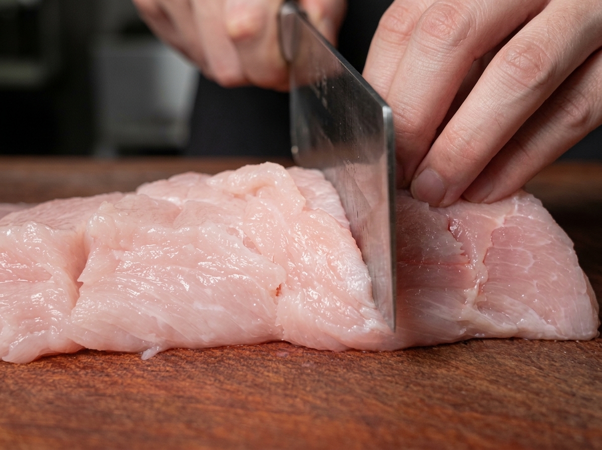 包丁を使って豚肉の表面に浅く格子状の切り込みを入れる様子。