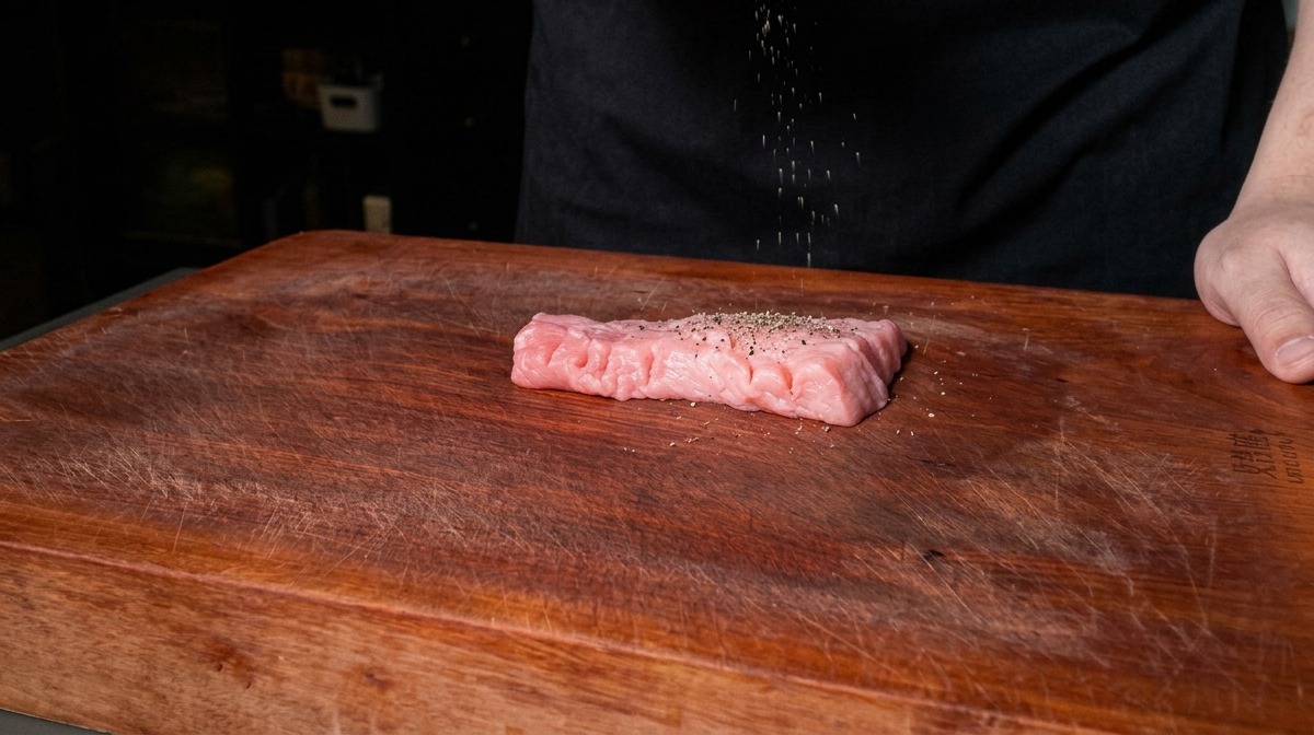 まな板の上の豚肉にシーズニングを振りかける様子。