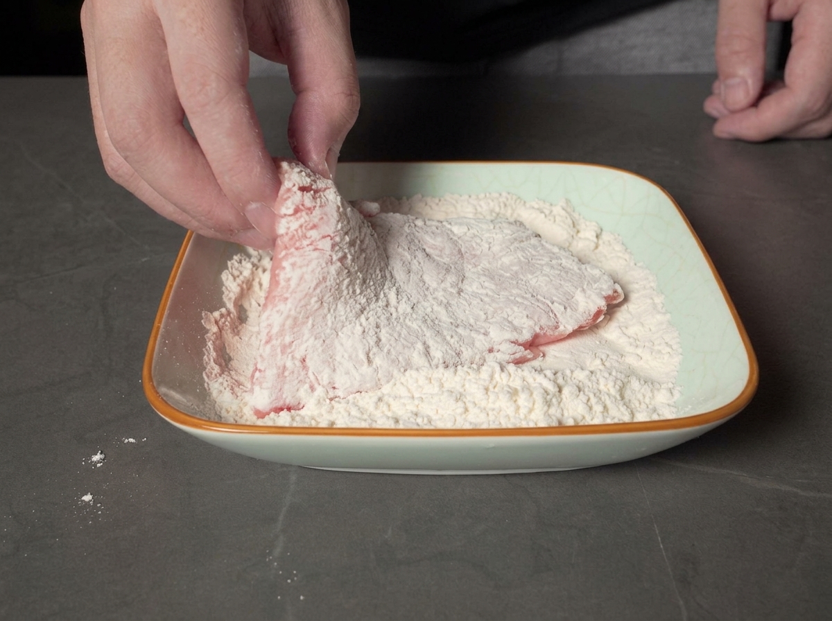 粉をつけた肉を溶き卵の入ったバットに入れる様子。