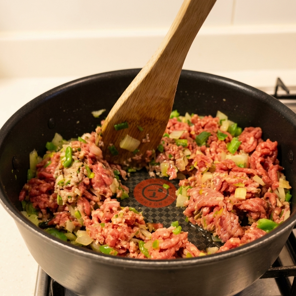 木べらでひき肉をほぐしながら野菜と一緒に炒める様子。
