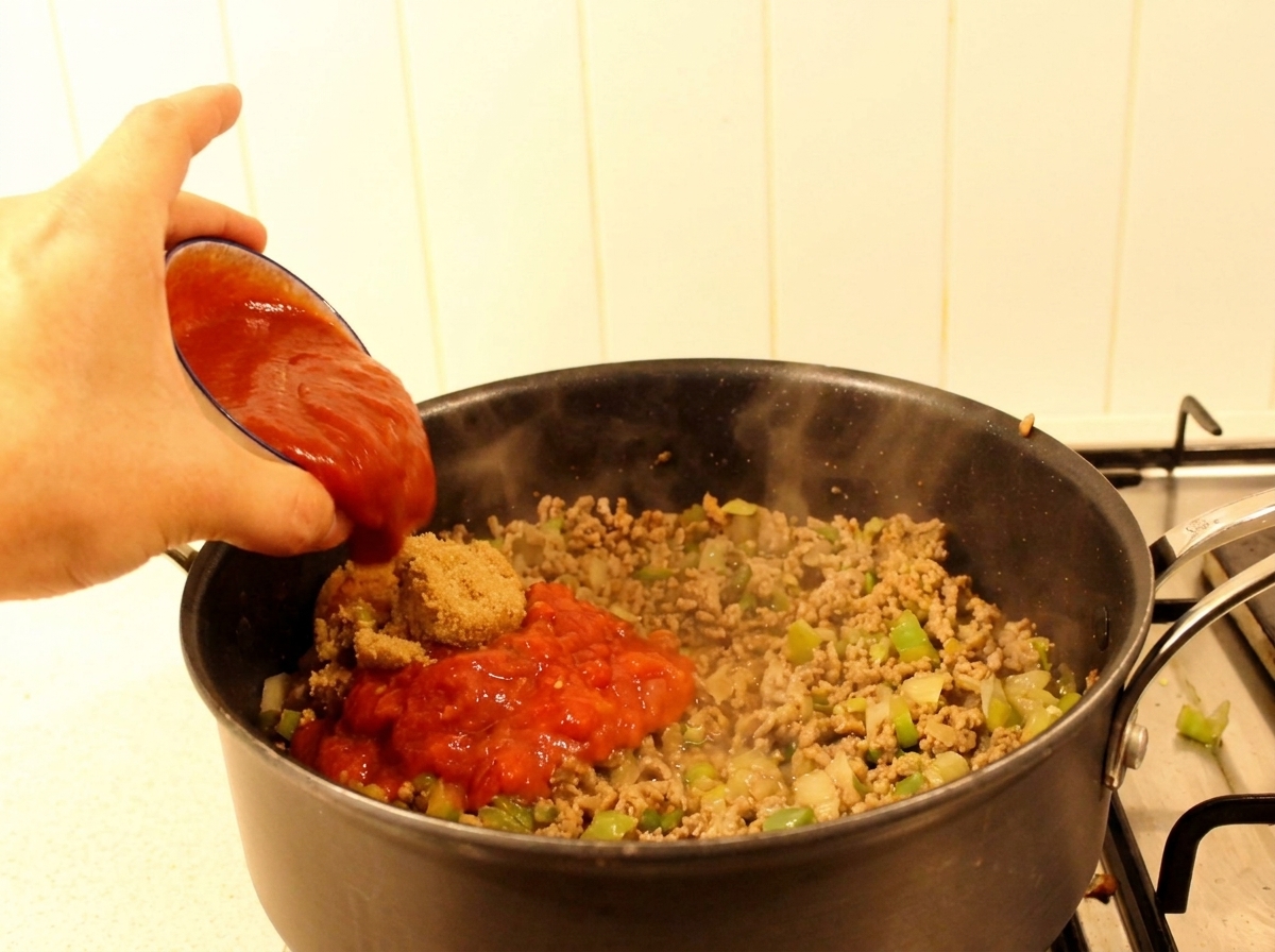 トマトベースの肉料理にケチャップやブラウンシュガーなどの調味料を加える様子。