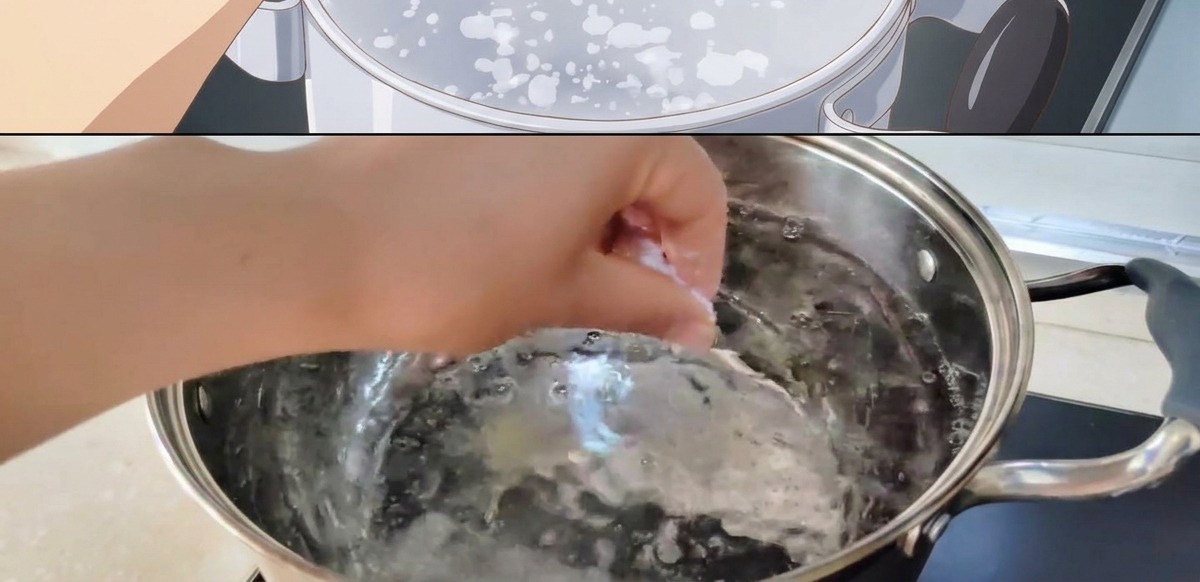 沸騰した鍋のお湯に塩をひとつまみ入れている手元