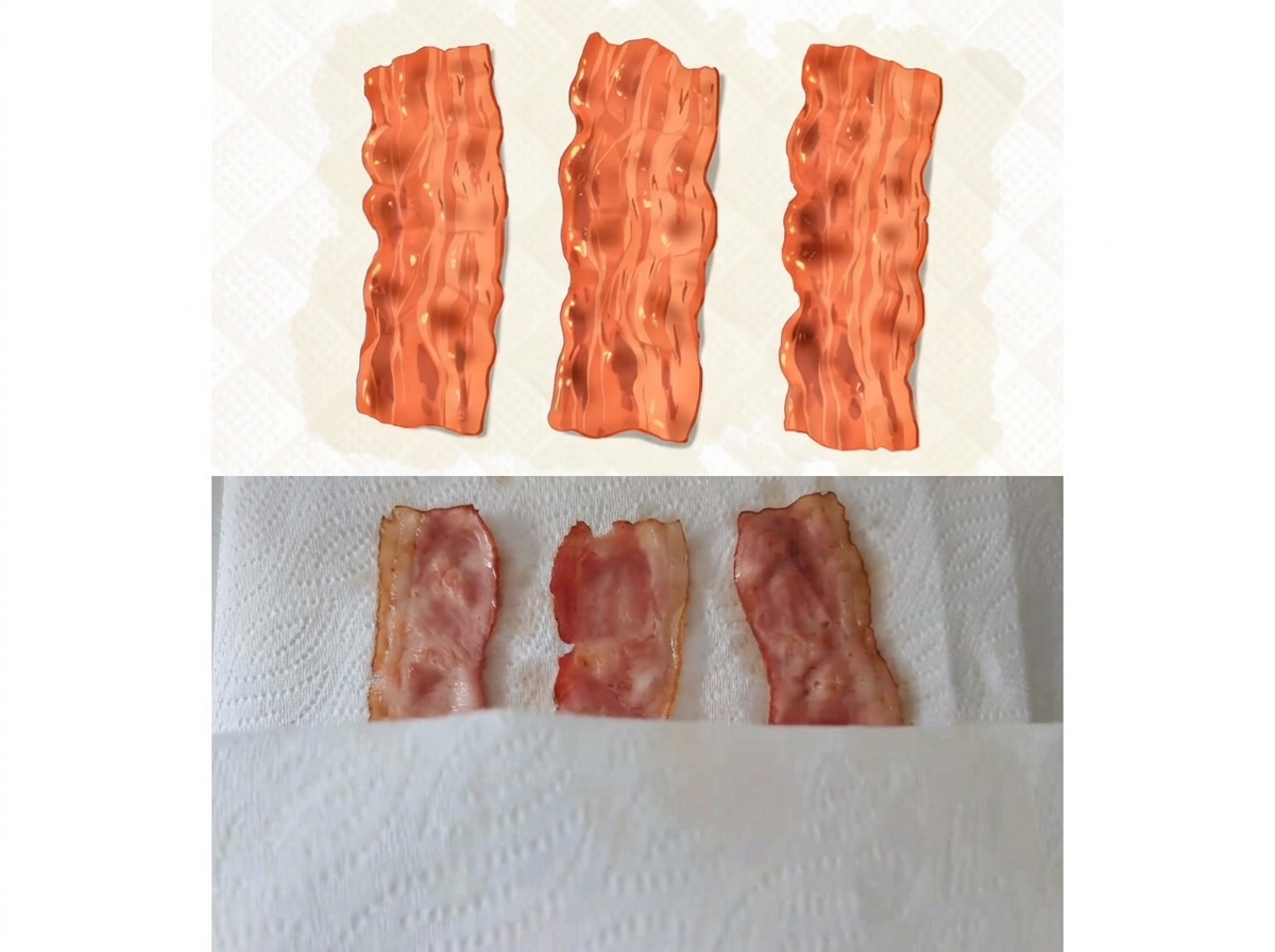 キッチンペーパーの上に並べられた焼き立てのベーコン
