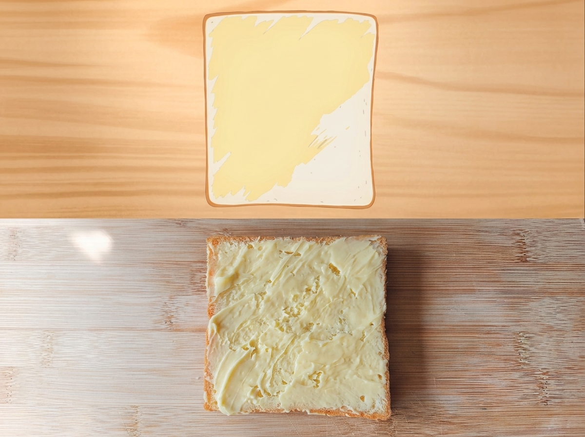 食パンの表面にからしバターを均一に塗った状態