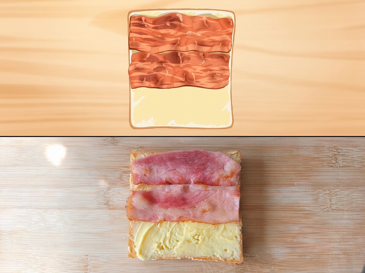 バターを塗ったパンの上にベーコンを重ならないよう並べた様子