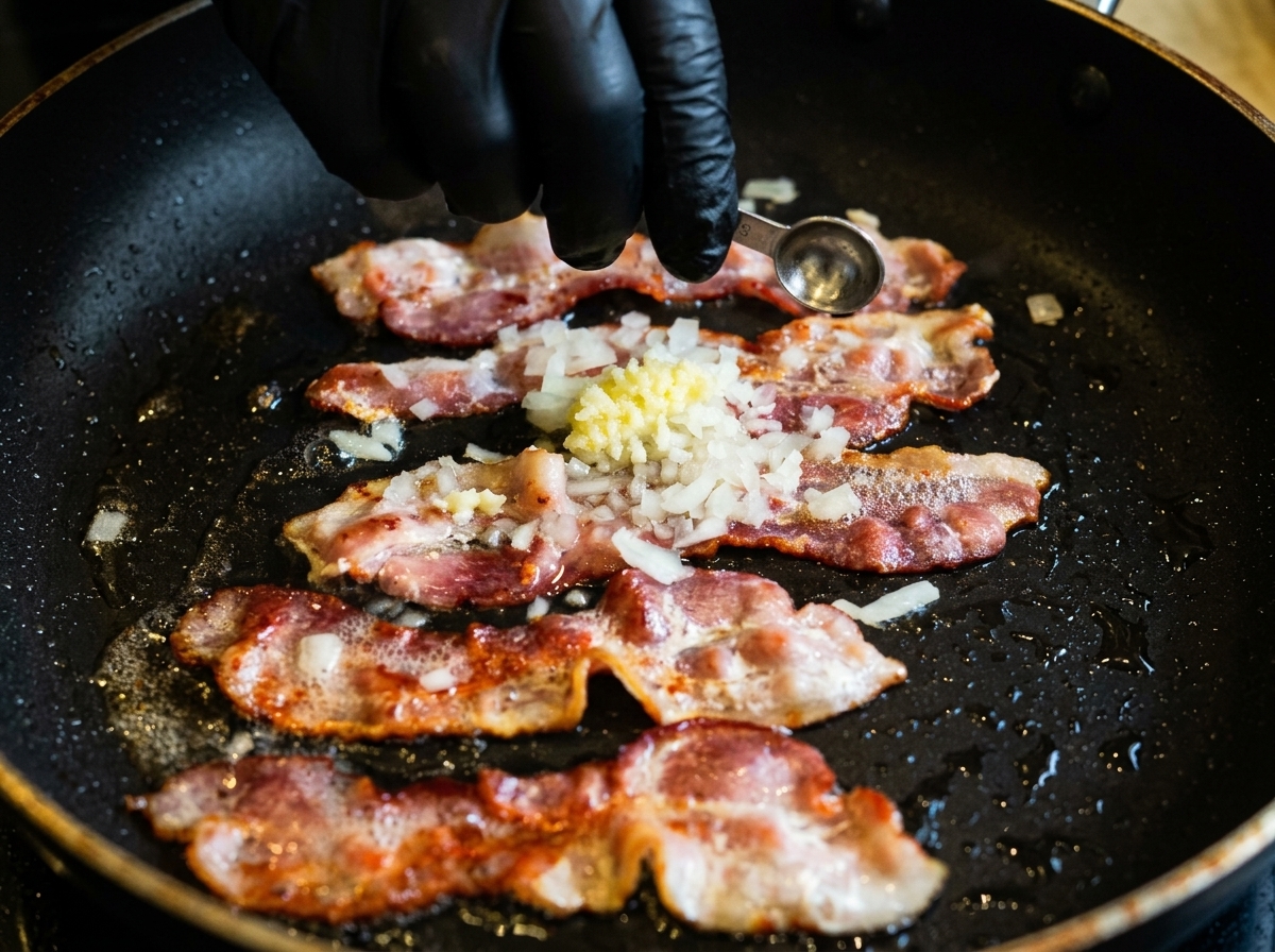 ジュージューと焼けるベーコンの上に、みじん切りにした玉ねぎとにんにくを加えている様子。