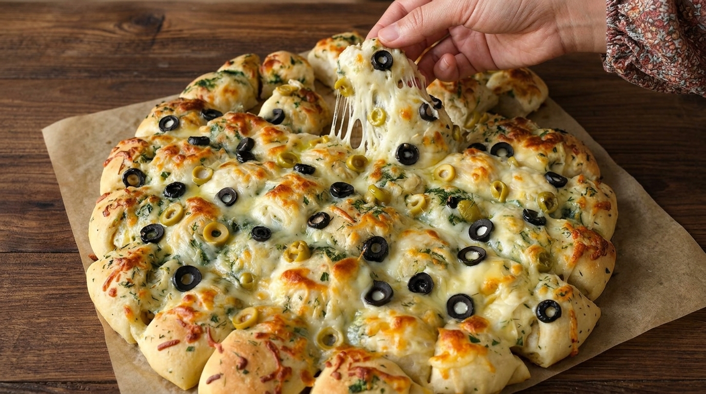 とろけるモッツァレラチーズとスライスオリーブをのせて焼き上げた、手作りガーリックチーズピザをちぎる瞬間。