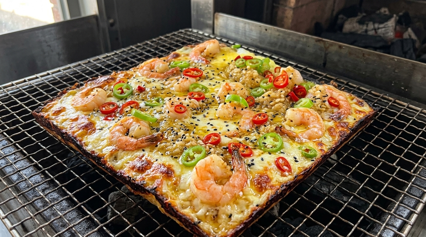 旨みたっぷり！ガーリックシュリンプの炭火焼きスクエアピザ