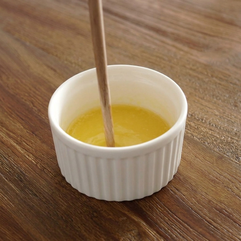 溶かしバターの入った白い小鉢に、みじん切りにしたにんにくを加えている様子。