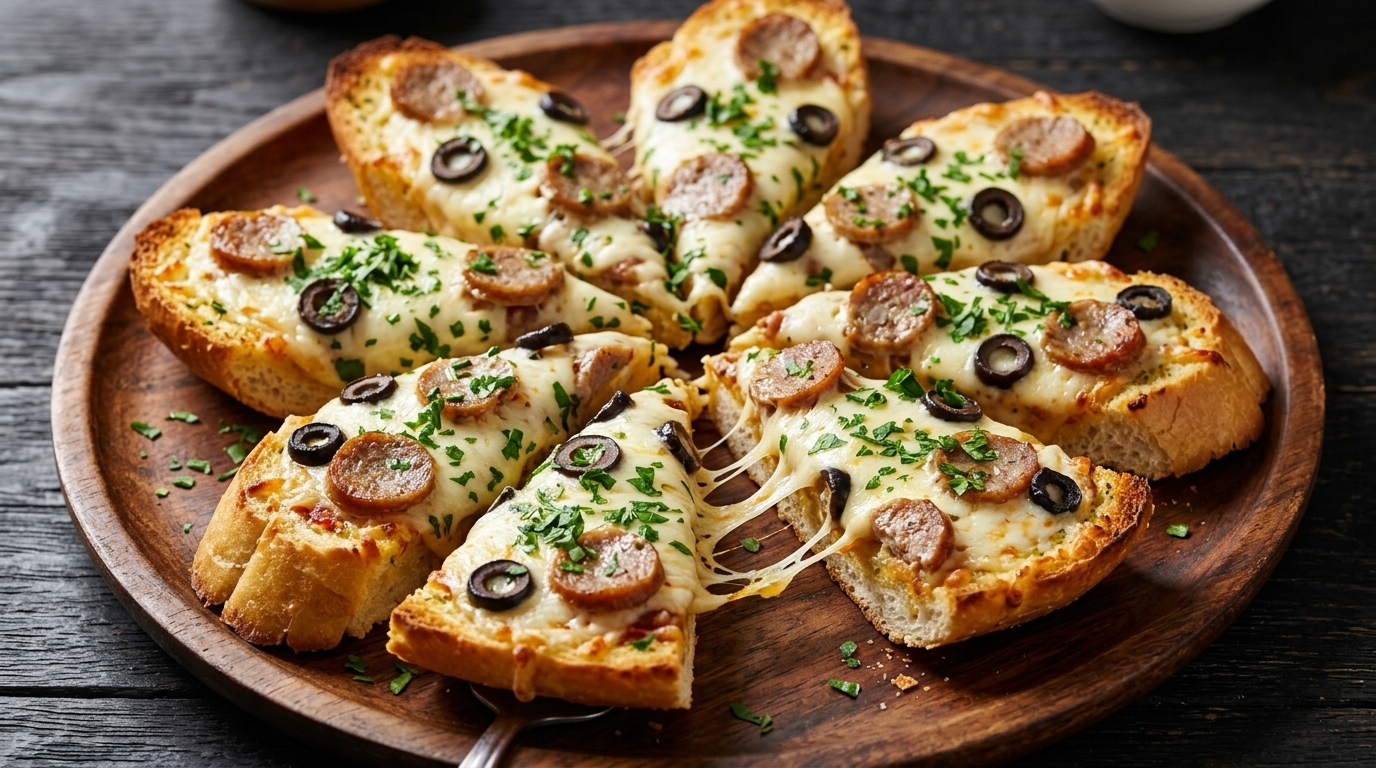 こんがり焼けたガーリックトーストを円形に並べ、とろけるチーズやソーセージ、オリーブを乗せた華やかな食パンピザ