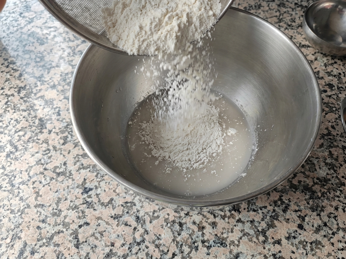 液状のイースト混合物が入ったステンレス製のボウルに、メッシュの粉ふるいから白い小麦粉が加えられている様子。