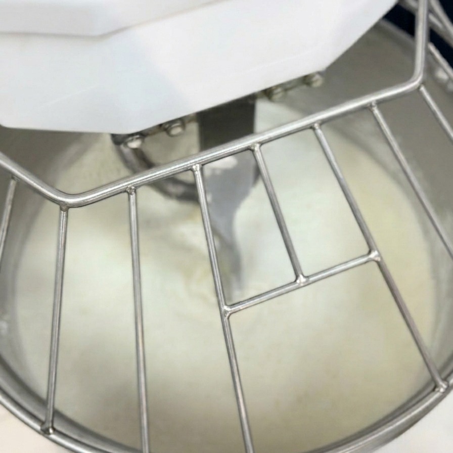 金属製の安全ガード越しに見る、小麦粉が入った業務用スパイラルミキサーに氷水が注がれる様子。